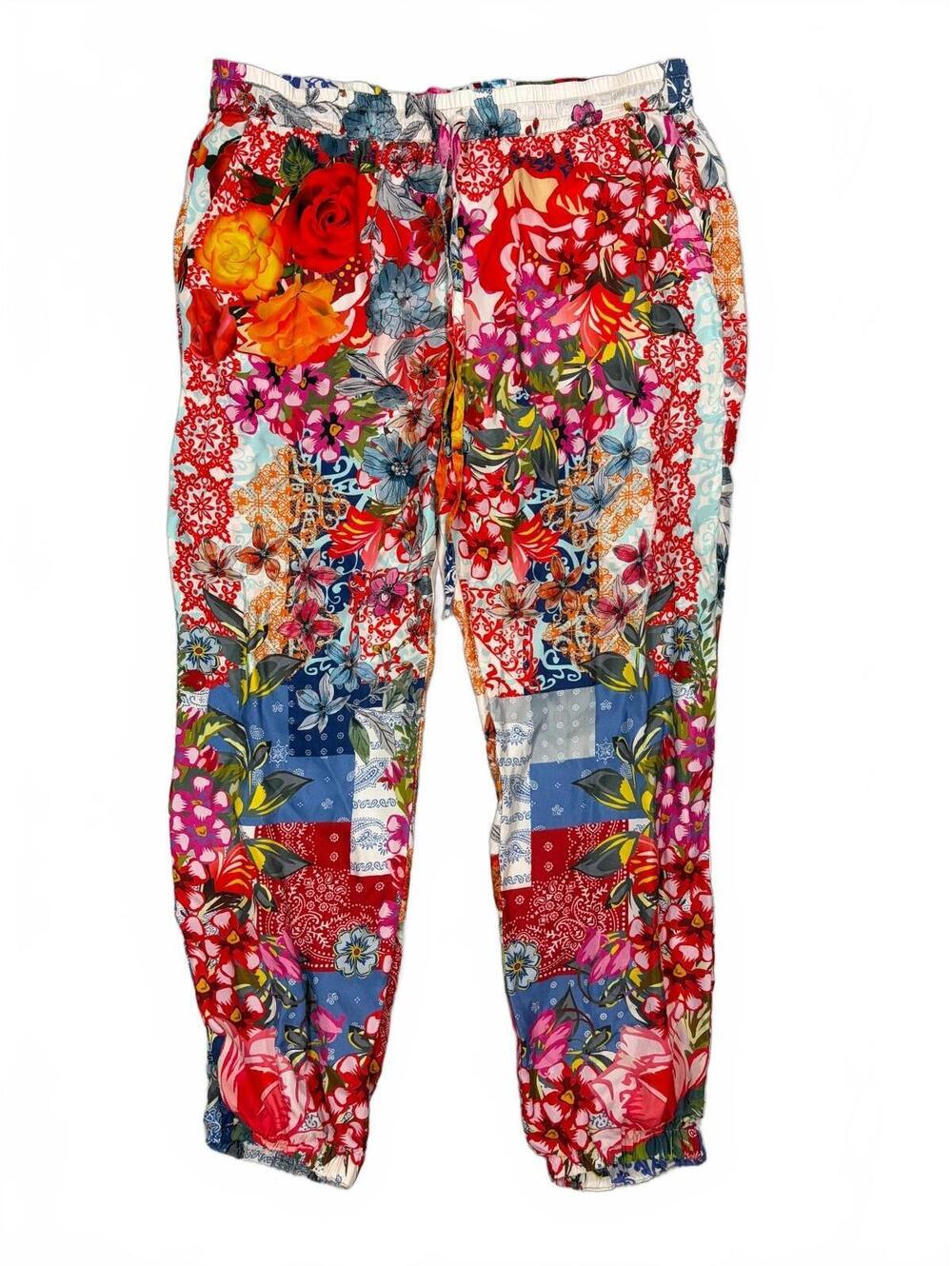 Johnny Was Tango Alice Joggers Size L Floral Patchwork Silk-Feel Pants Boho